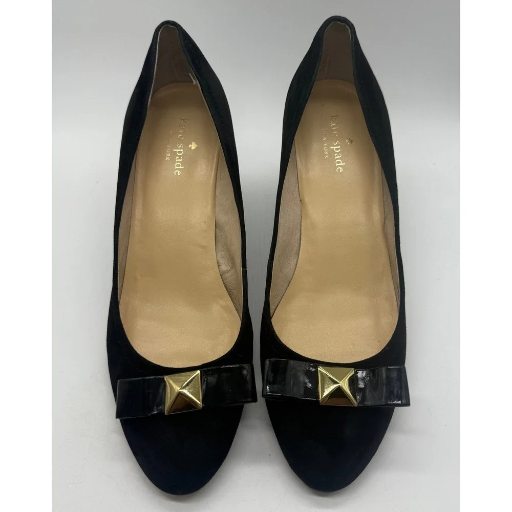 Kate Spade Black Suede Wedge Heels with Patent Bow and Gold Studs - Size‎ 10M